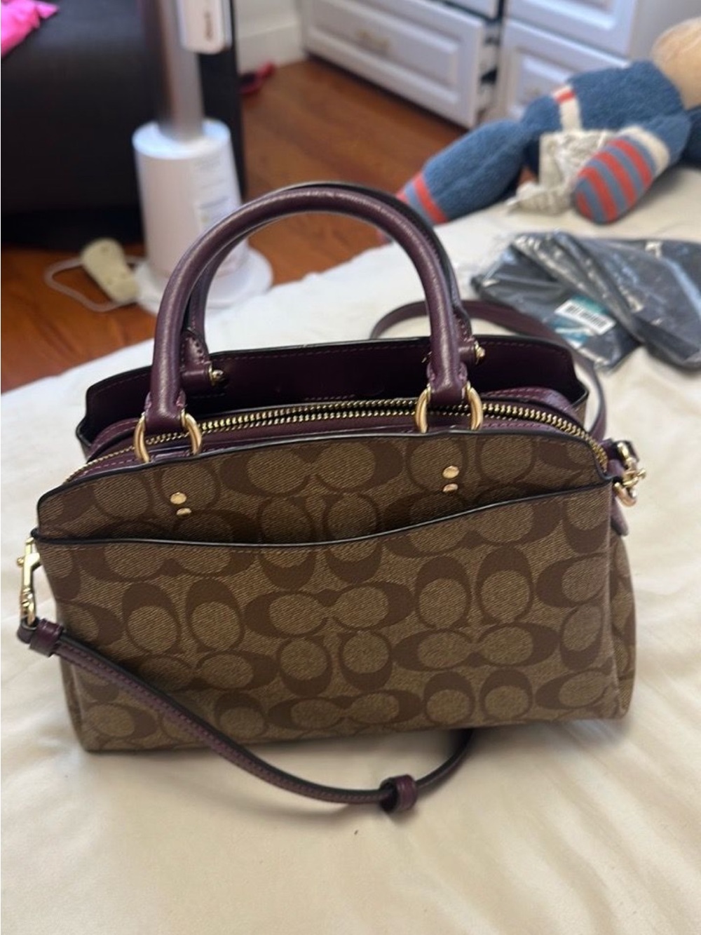 Coach Brown Signature Satchel with Plum Trim and Gold Hardware